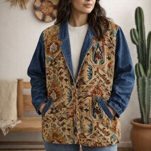 VTG Nadia Southwest Tapestry Oversized Denim Jacket, L, 90s 80s